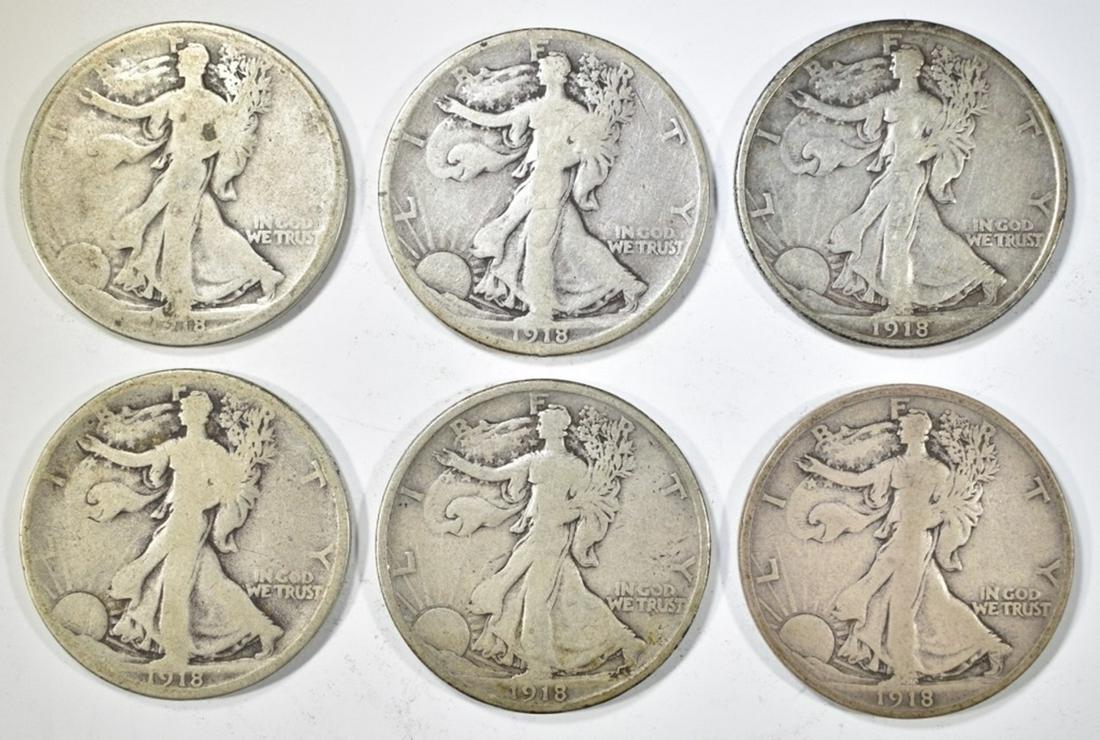 (6) 1918-D WALKING LIBERTY HALF DOLLARS: TOP RATED AUCTION HOUSE. ESTIMATE $90 - $110.