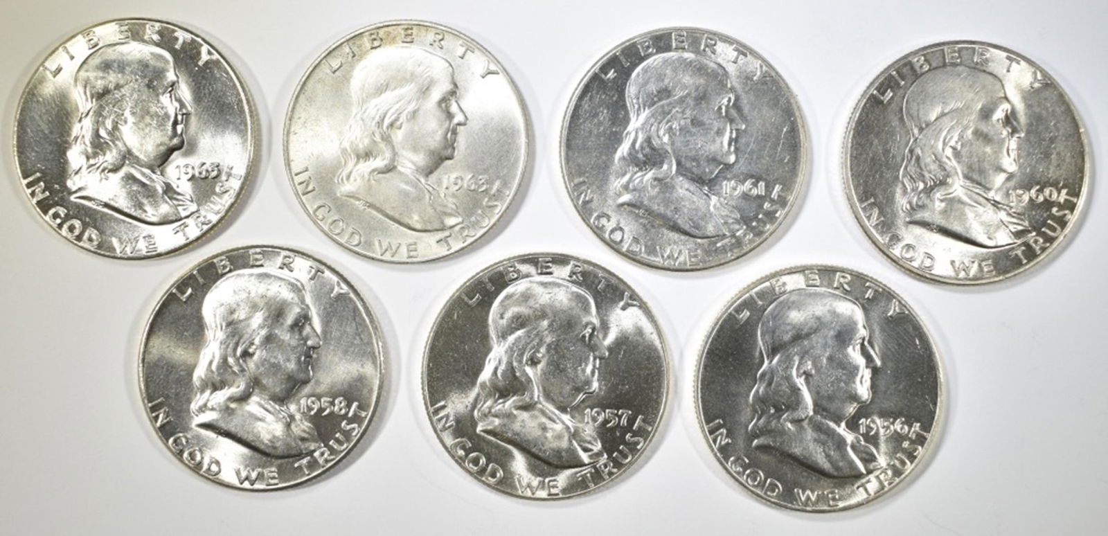 7-BU FRANKLIN HALVES; 56, 57, 58, 60, 61, 63, 63-D (1 of 2)