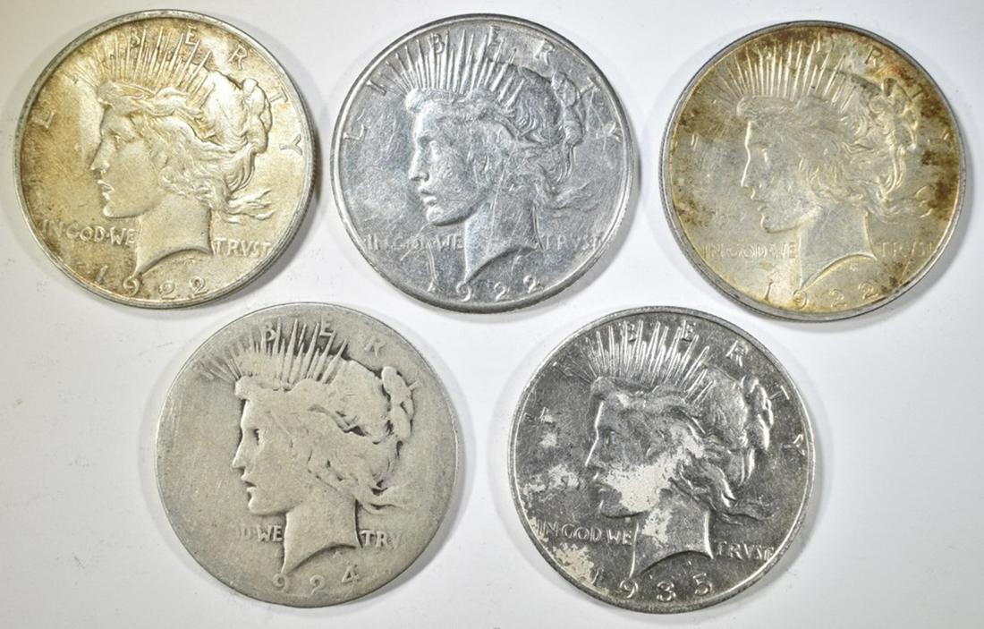5 CIRC PEACE DOLLARS; 1922-P, D & S, 24-S, & 35-S (1 of 2)