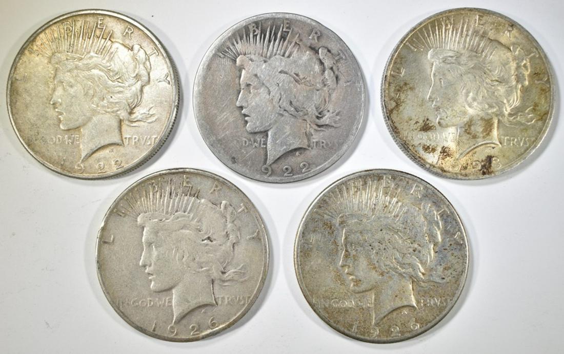 5- CIRC PEACE DOLLARS; 1922-D & S, 23, & 2-1926-S (1 of 2)