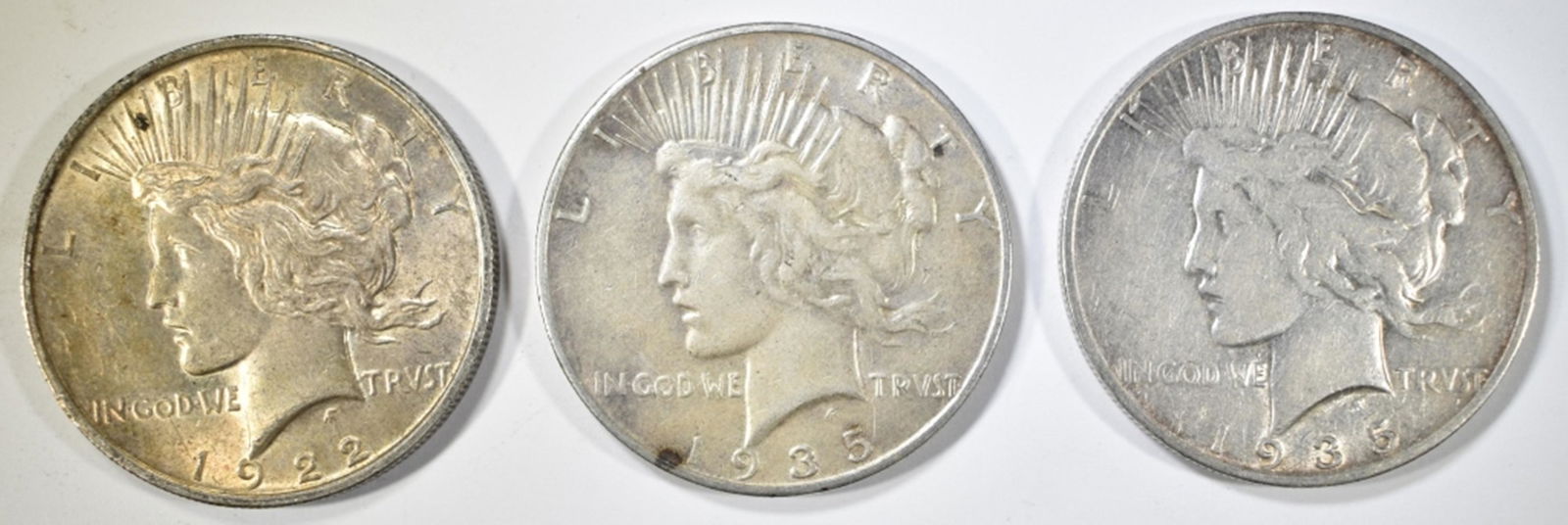 3-CIRC PEACE DOLLARS, 1922 & 2- 1935-S (1 of 2)