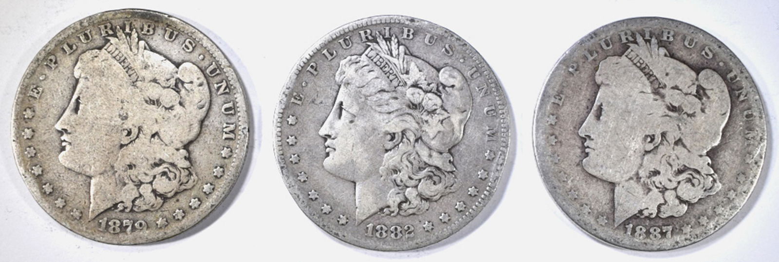 1879, 82-S, 87 MORGAN DOLLARS CIRC: WEEKLY COIN & CURRENCY AUCTIONS ESTIMATE $100 - $125.