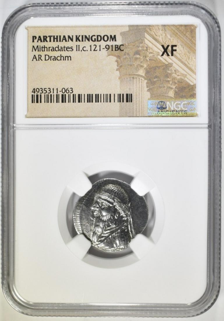 121-91 BC MITHRADATES II, AR DRACHM  NGC XF (1 of 4)