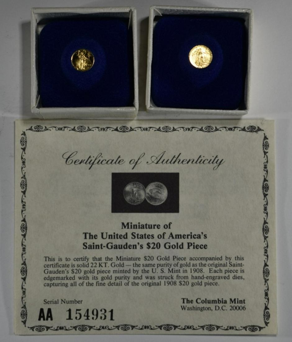 2-22 KT GOLD MINIATURE $20 SAINT GAUDENS GOLD: EACH MINI COIN WEIGHS .6 grains WITH BOXES & CERTIFICATES OF AUTHENTICITY ESTIMATE $85 - $90.