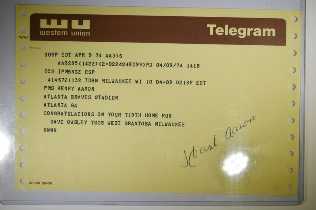 HANK AARON AUTOGRAPHED WESTERN UNION TELEGRAM (1 of 1)