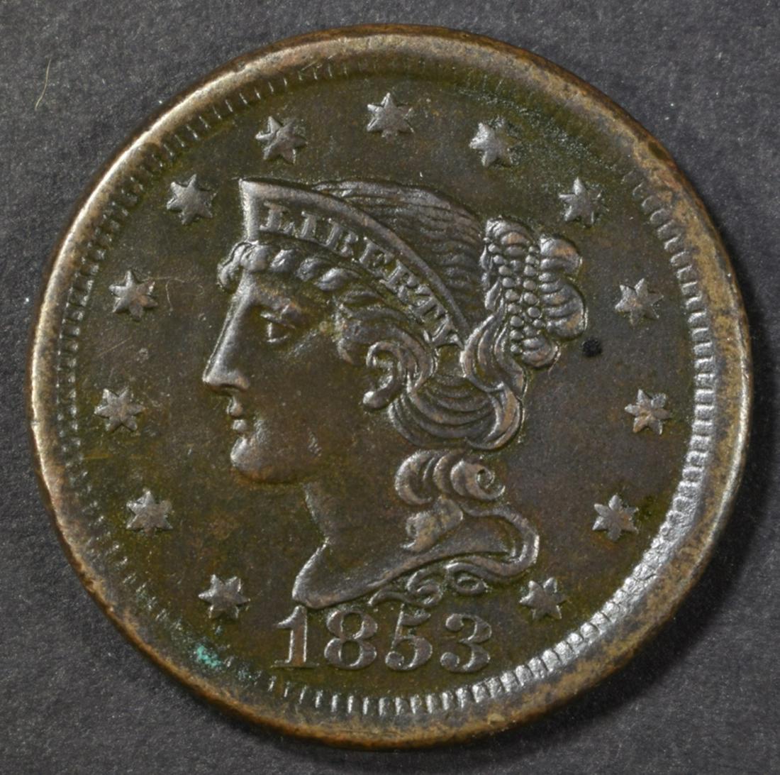 1853 LARGE CENT BU: BID WITH SILVER CITY AUCTIONS. ESTIMATE $200 - $250.