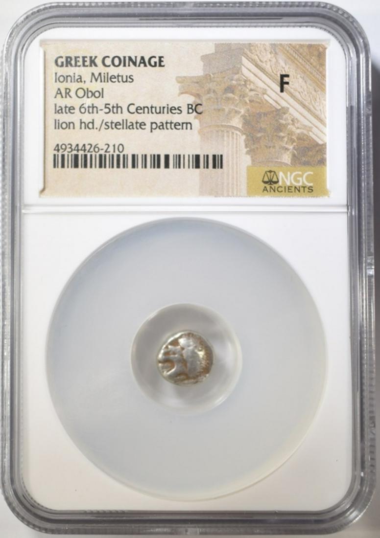 LATE 6TH-5TH CENTURIES BC AR OBOL  NGC F (1 of 4)