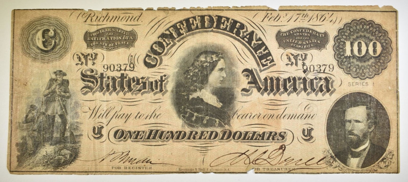 1864 $100 CONFEDERATE NOTE (1 of 2)
