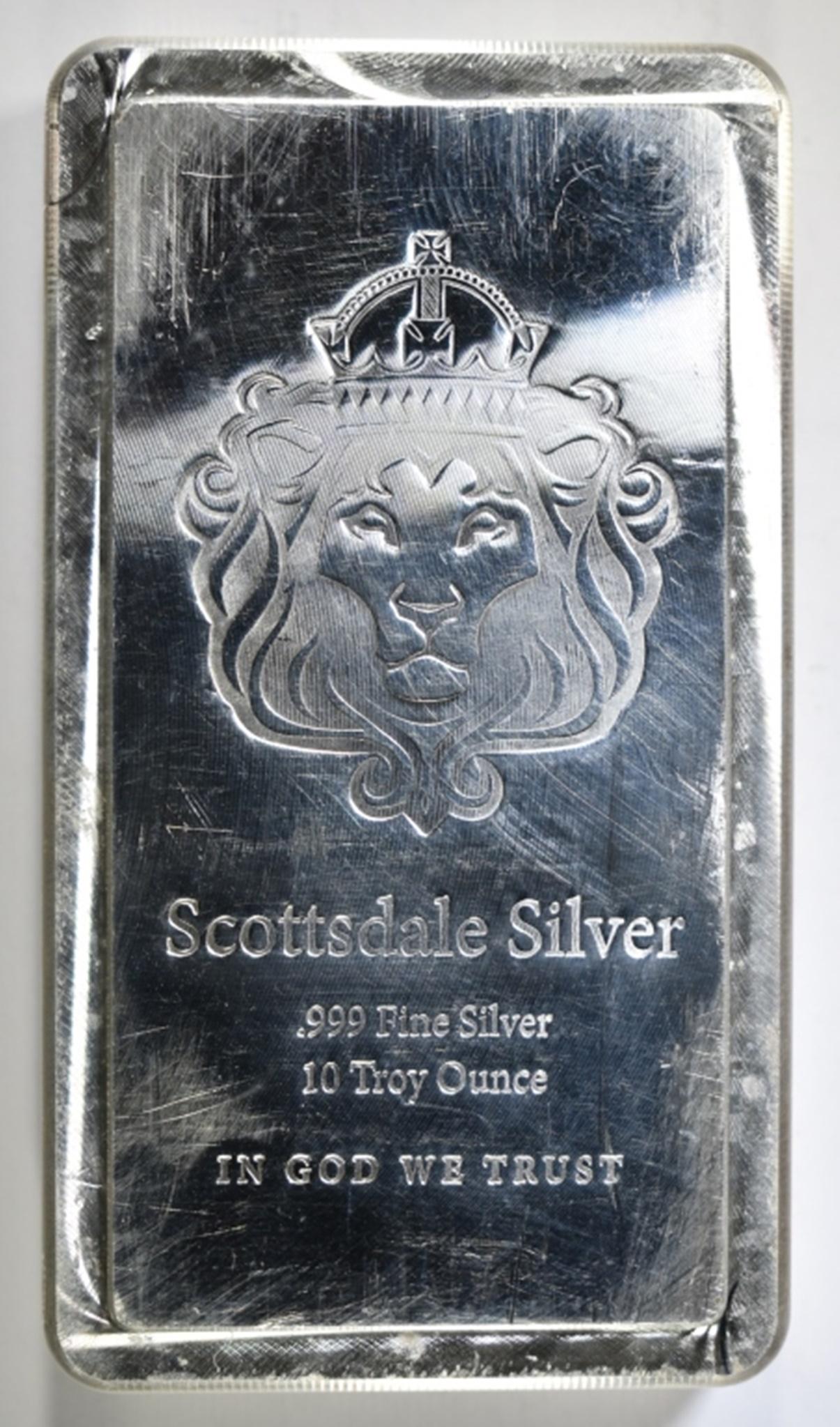 TEN OUNCE .999 SILVER BAR SCOTTSDALE: LOW COST FLAT RATE SHIPPING ESTIMATE $330 - $350.