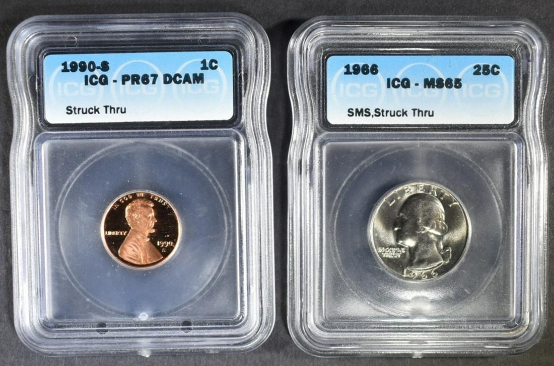LOT OF 2 MINT ERROR STRUCK THRU COINS: (1 of 6)