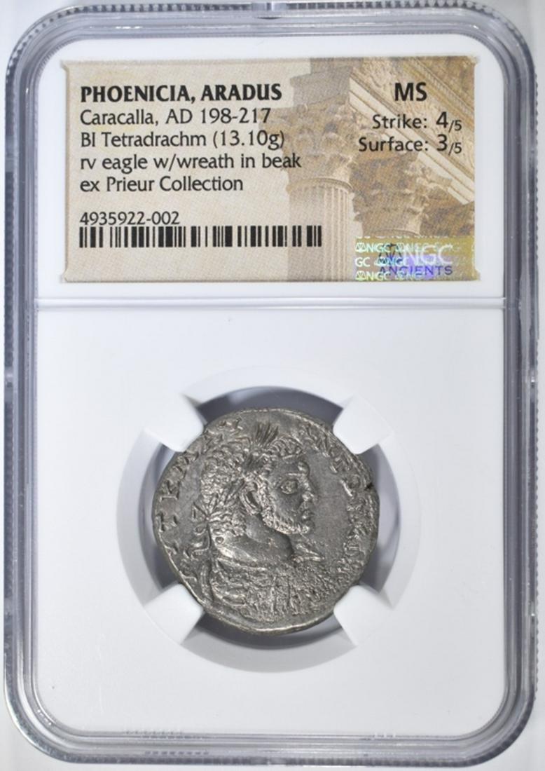 AD 198-217 CARACALLA, BI TETRADRACHM NGC MS 4/3: PHOENICIA, ARADUS. PRIEUR COLLECTION. ESTIMATE $650 - $700.