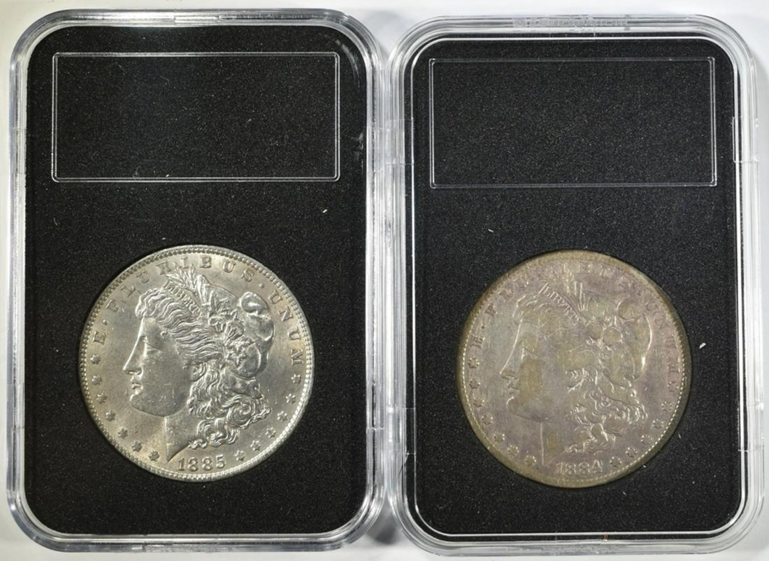 1884-S F & 1885 AU MORGAN DOLLARS: WEEKLY COIN & CURRENCY AUCTIONS. ESTIMATE $90 - $110.
