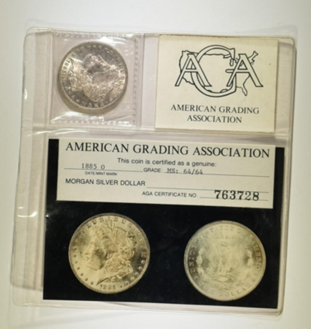 1885-O MORGAN DOLLAR AGA CH/GEM BU: WEEKLY COIN & CURRENCY AUCTIONS. ESTIMATE $90 - $110.