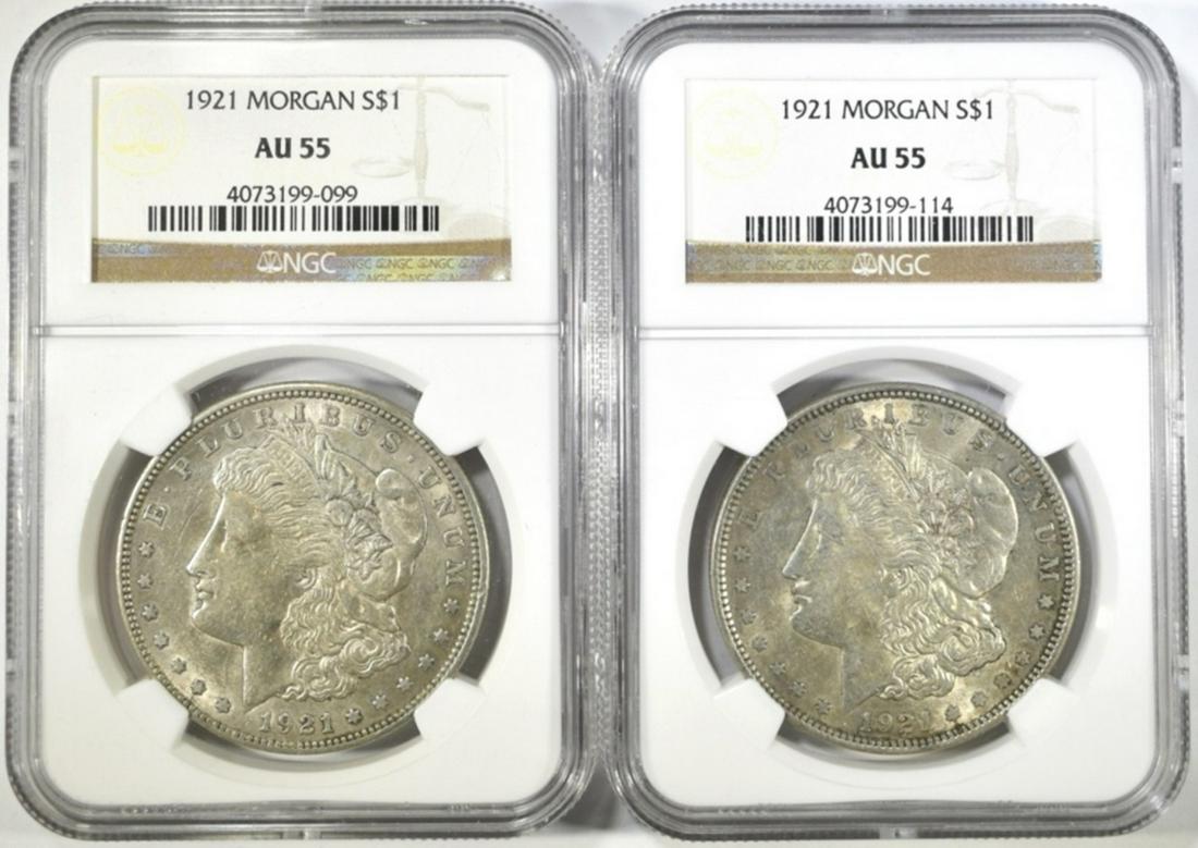 2-1921 MORGAN DOLLARS NGC AU-55: LEADERS IN ON-LINE AUCTIONS ESTIMATE $100 - $130.