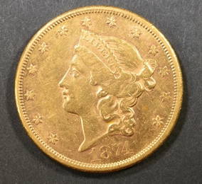 1874-CC GOLD $20 LIBERTY  CH AU/BU