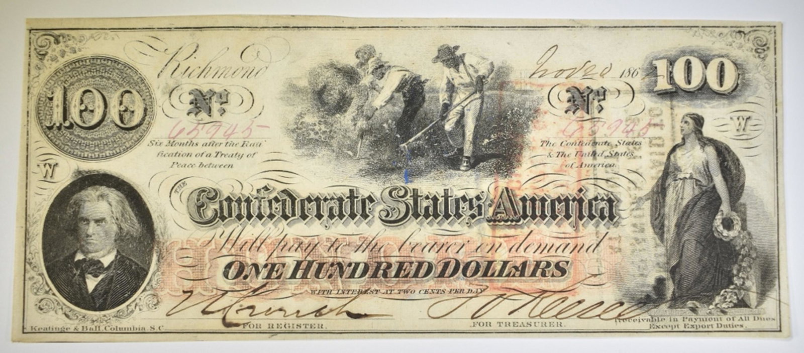 1862 $100 CONFEDERATE NOTE (1 of 2)