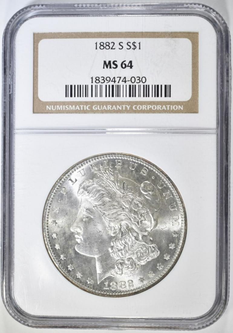 1882-S MORGAN DOLLAR NGC MS-64: BID WITH SILVER CITY AUCTIONS. ESTIMATE $120 - $140.