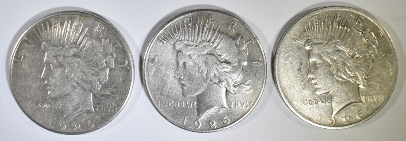 (3) 1926 PEACE DOLLARS, 1-D, 2-S: WEEKLY COIN & CURRENCY AUCTIONS. ESTIMATE $90 - $110.