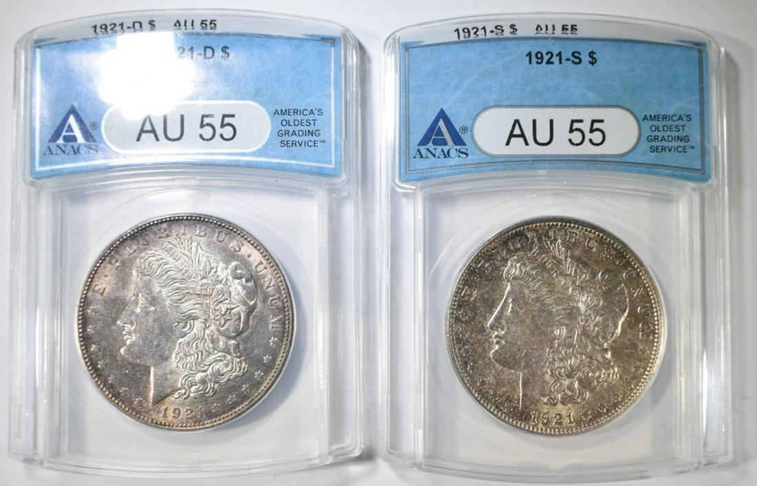 1921-D,S MORGAN DOLLARS ANACS AU-55: WEEKLY COIN & CURRENCY AUCTIONS ESTIMATE $100 - $130.