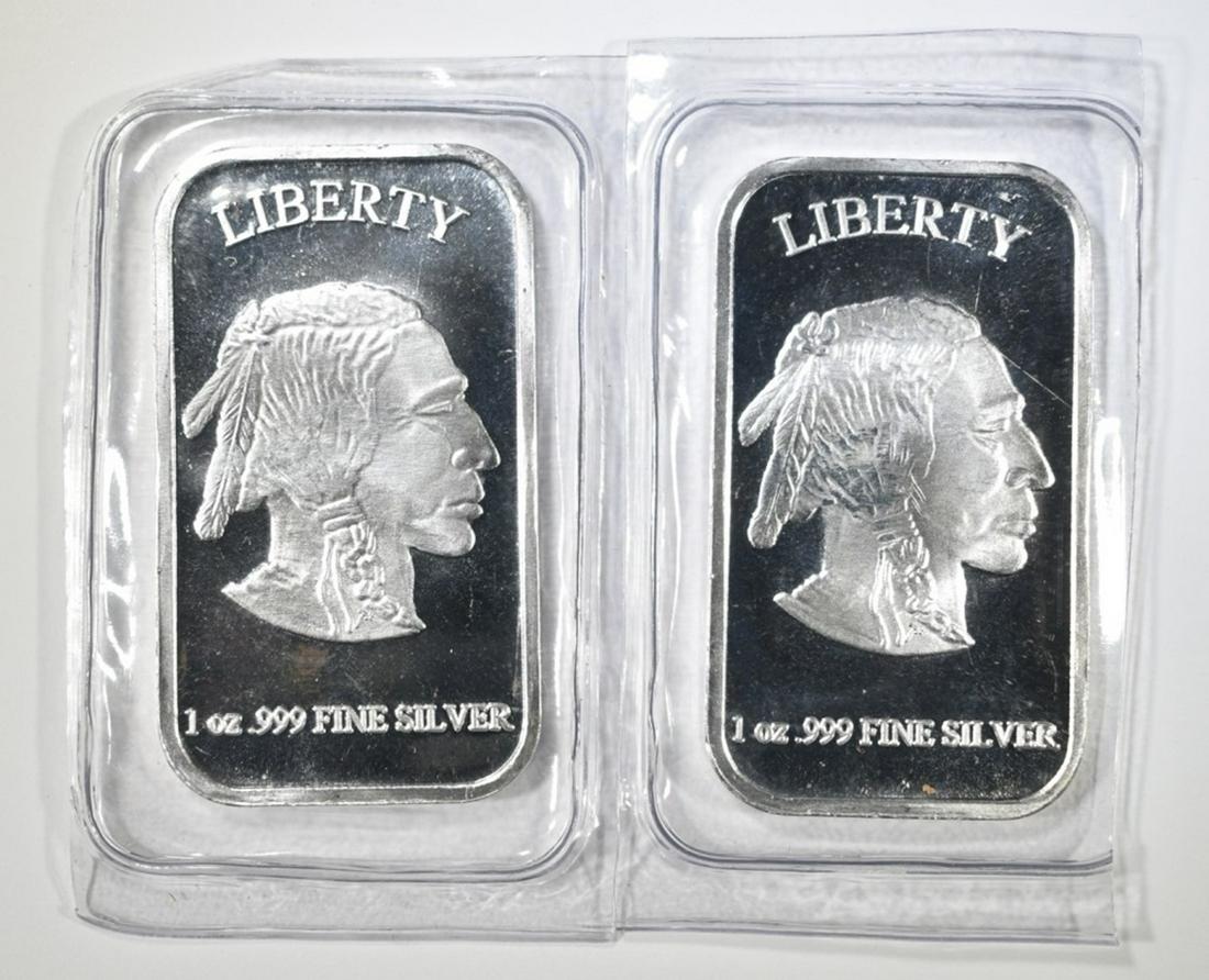 2-ONE OUNCE .999 SILVER BARS BUFFALO/INDIAN: TOP RATED AUCTION HOUSE ESTIMATE $75 - $85.