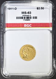 1911-D STRONG D $2.50 GOLD INDIAN BGC CH BU