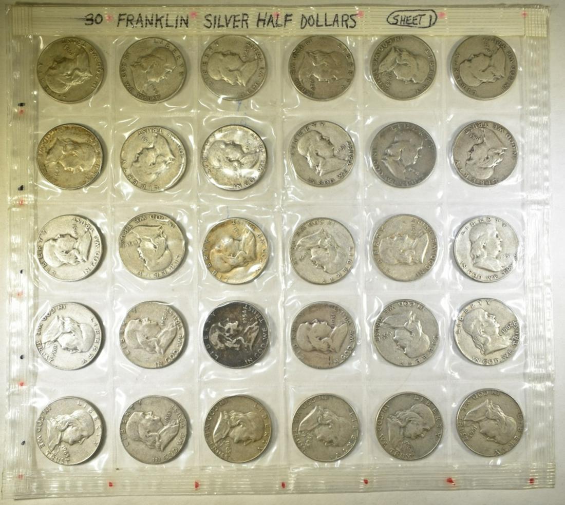 SHEET OF 30-CIRC FRANKLIN HALF DOLLARS: TOP RATED AUCTION HOUSE ESTIMATE $425 - $460.