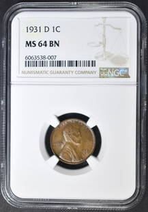 1931-D LINCOLN CENT NGC MS-64 BN: BID WITH SILVER CITY AUCTIONS ESTIMATE $130 - $150.