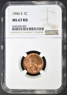 1946-S LINCOLN CENT NGC MS-67 RD: TOP RATED AUCTION HOUSE ESTIMATE $250 - $300.