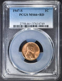 1947-S LINCOLN CENT, PCGS MS-66+ RD: BID WITH SILVER CITY AUCTIONS ESTIMATE $75 - $100.