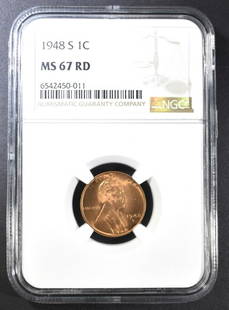 1948-S LINCOLN CENT NGC MS-67 RD: LEADERS IN ON-LINE AUCTIONS ESTIMATE $150 - $200.