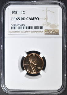 1951 LINCOLN CENT, NGC PF-65 RD CAMEO: TOP RATED AUCTION HOUSE ESTIMATE $250 - $300.