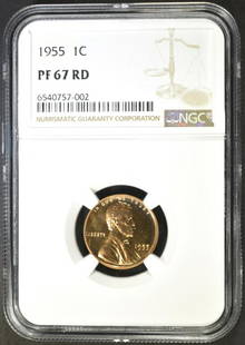 1955 LINCOLN CENT NGC PF-67 RD: WEEKLY COIN & CURRENCY AUCTIONS ESTIMATE $100 - $130.