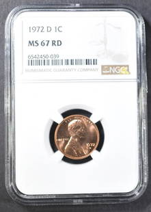 1972-D LINCOLN CENT NGC MS-67 RD: LEADERS IN ON-LINE AUCTIONS ESTIMATE $500 - $600.