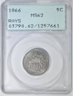 1866 RAYS SHIELD NICKEL PCGS MS-62 RATTLER HOLDER: LEADERS IN ON-LINE AUCTIONS ESTIMATE $400 - $450.