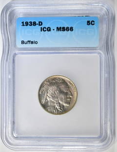 1938-D BUFFALO NICKEL ICG MS-66: TOP RATED AUCTION HOUSE ESTIMATE $50 - $60.