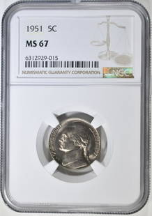 1951 JEFFERSON NICKEL NGC MS-67: LEADERS IN ON-LINE AUCTIONS ESTIMATE $1200 - $1500.
