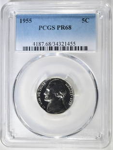 1955 JEFFERSON NICKEL PCGS PR68: LEADERS IN ON-LINE AUCTIONS ESTIMATE $75 - $100.