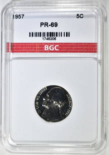 1957 JEFFERSON NICKEL BGC SUPERB GEM PR+: CHECK OUT OUR UPCOMING AUCTIONS ESTIMATE $400 - $500.