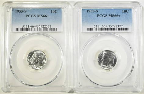 2 1955 S ROOSEVELT DIMES PCGS MS 66+: TOP RATED AUCTION HOUSE ESTIMATE $75 - $100.