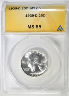1939 D WASHINGTON QUARTER ANACS MS 65: BID WITH SILVER CITY AUCTIONS ESTIMATE $100 - $150.