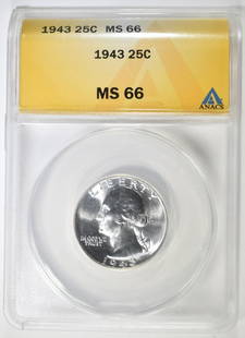 1943 WASHINGTON QUARTER ANACS MS 66: LEADERS IN ON-LINE AUCTIONS ESTIMATE $75 - $100.