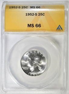 1952 S WASHINGTON QUARTER ANACS MS 66: TOP RATED AUCTION HOUSE ESTIMATE $75 - $100.