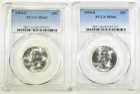 2 1954 S WASHINGTON QUARTERS PCGS MS 65 & MS 66: BID WITH SILVER CITY AUCTIONS ESTIMATE $75 - $100.