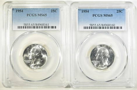 2 1954 WASHINGTON QUARTERS PCGS MS 65: WEEKLY COIN & CURRENCY AUCTIONS ESTIMATE $75 - $100.