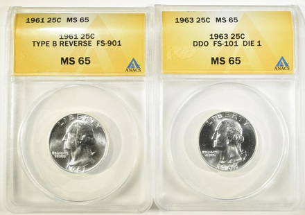1961, 63 WASHINGTON QUARTERS ANACS MS 65: WEEKLY COIN & CURRENCY AUCTIONS ESTIMATE $75 - $100.