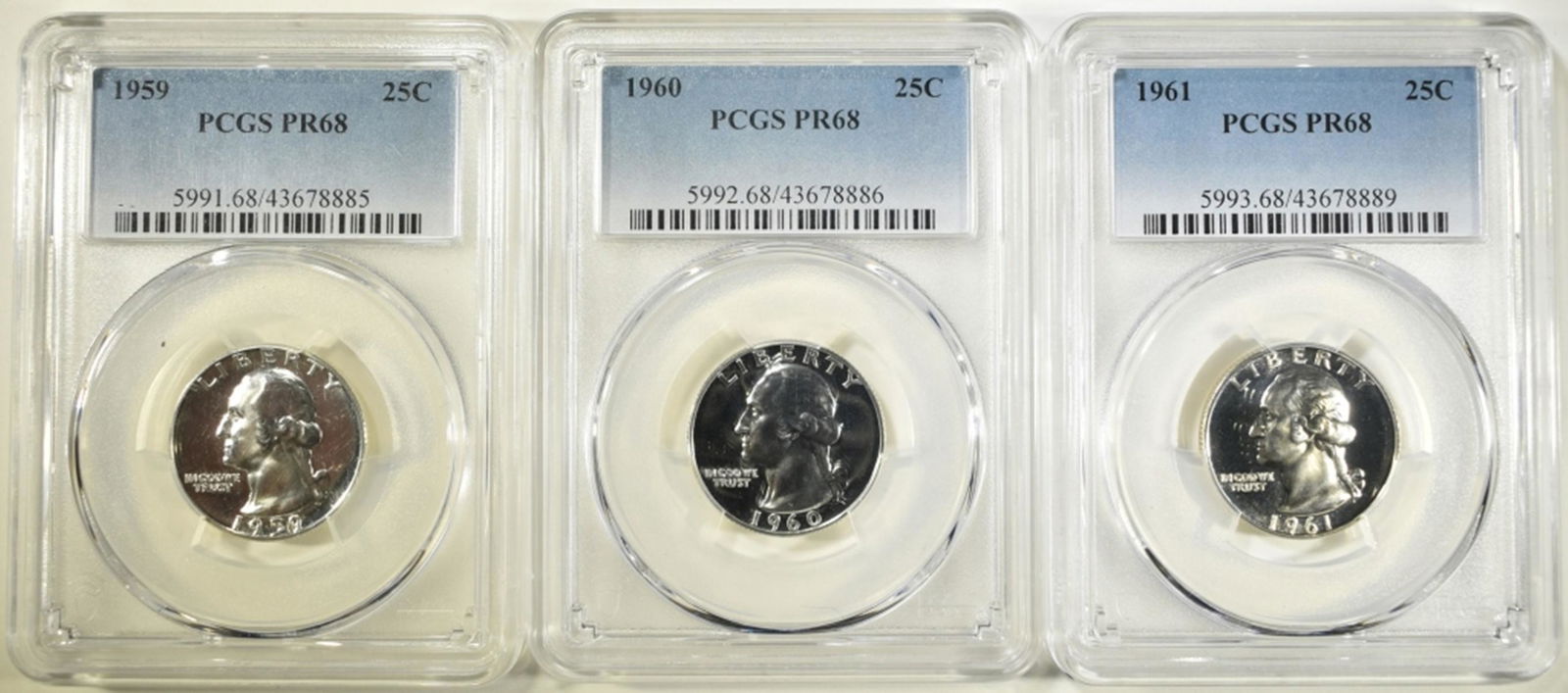 1959, 60 & 61 WASHINGTON QTRS, PCGS PR-68 (1 of 2)