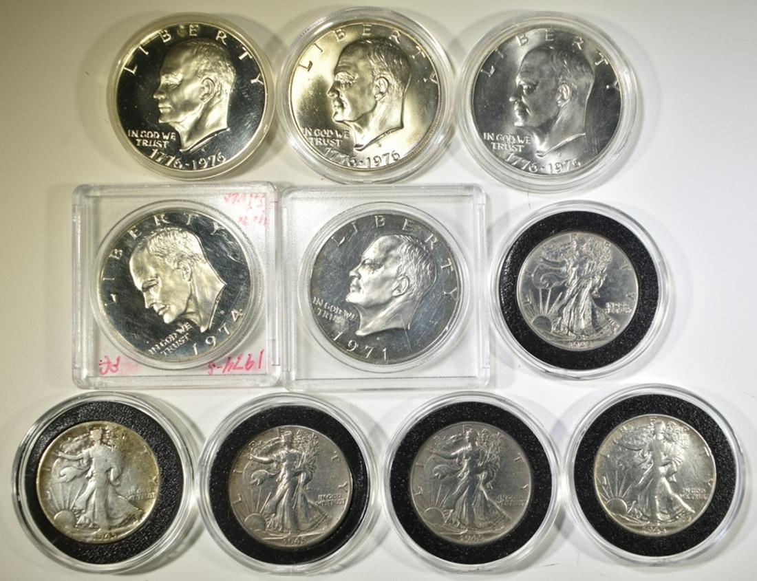 5 WALKING LIBERTY HALVES & 5 IKE DOLLARS (1 of 2)