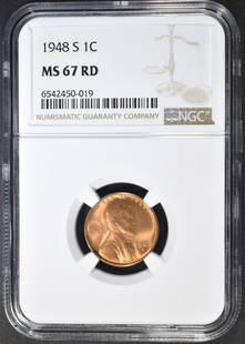 1948-S LINCOLN CENT NGC MS-67 RD: WEEKLY COIN & CURRENCY AUCTIONS ESTIMATE $150 - $200.