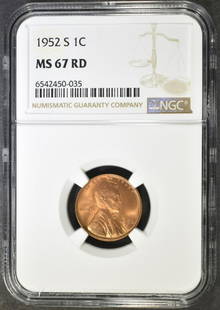 1952-S LINCOLN CENT NGC MS-67 RD: LEADERS IN ON-LINE AUCTIONS ESTIMATE $200 - $250.