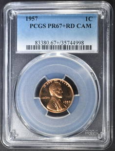 1957 LINCOLN WHEAT PENNY PCGS PR67+ RD CAM: CHECK OUT OUR UPCOMING AUCTIONS ESTIMATE $200 - $300.